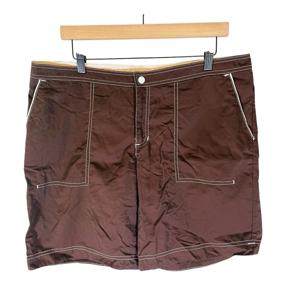 Merona Mens Swim Shorts L Large Brown & White Pockets‎ Stretch Waist Swimsuit